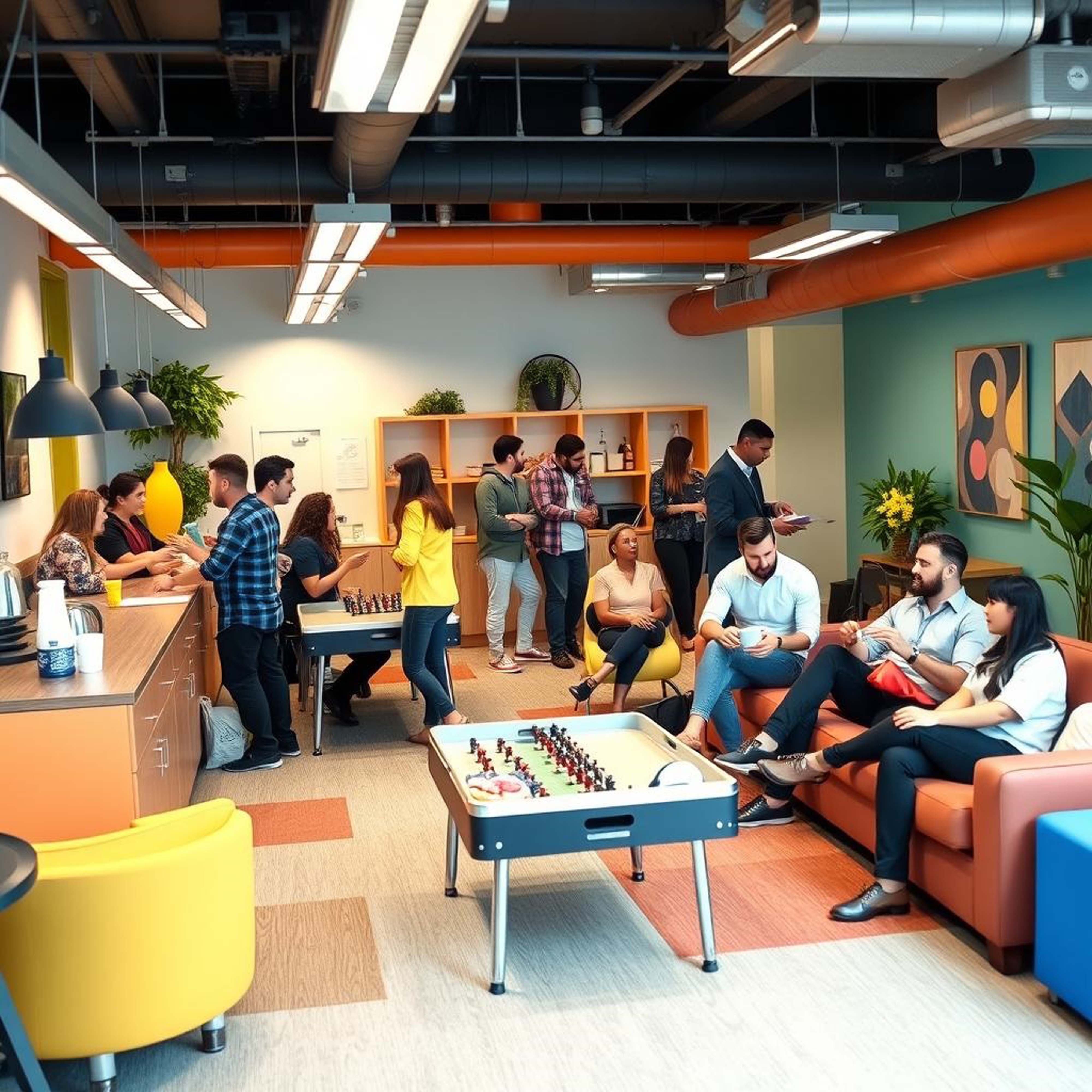 Team collaborating in a modern office lounge
